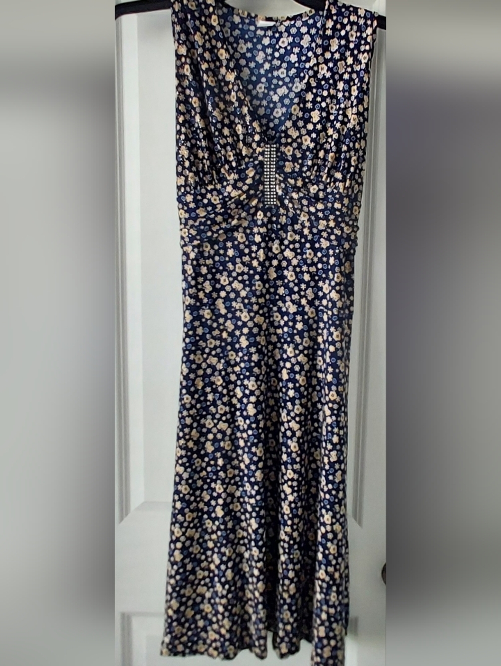 Silk Dress V Neck Sleeveless  Rhinestone Glitter Navy Floral Y2K Babydoll L/XL